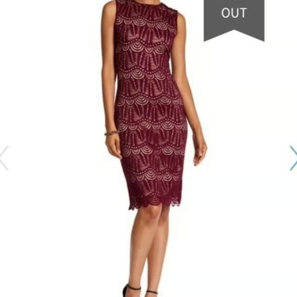 Sharango NWT Bordeaux/Blush Lace Overlay Day Wear/Cocktail Sheath Dress, Size 16 - Picture 1 of 10